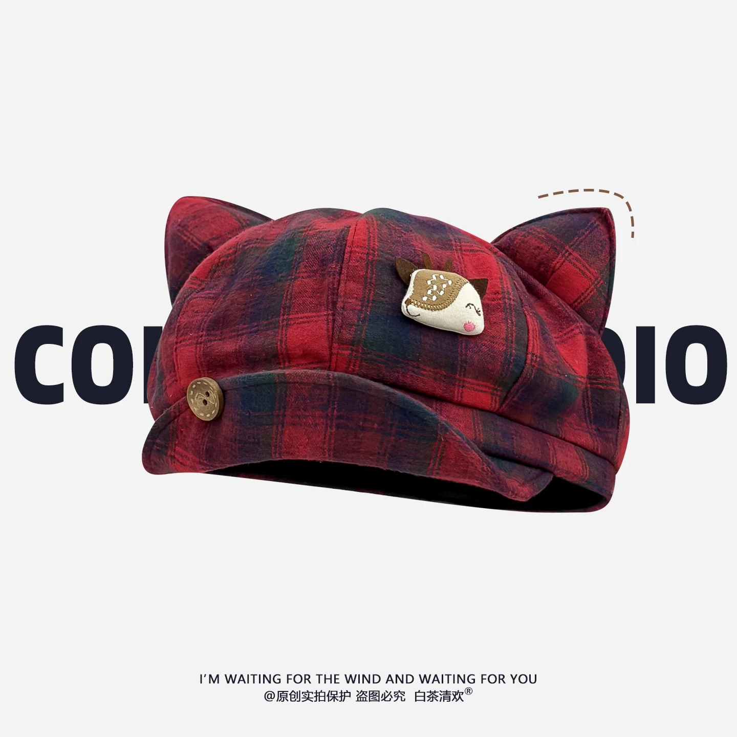 

Japanese Plaid Cat Ears Literary Beret Female Autumn and Winter Warm Versatile Face Small Painter Hat Cute Women Newsboy Cap