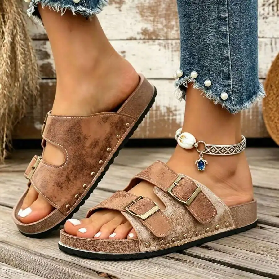 Women's Vintage Metal Buckle Flat Sandals - Soft Faux Leather Open Toe Summer Beach Shoes, Adjustable Back Strap Casual Outdoor