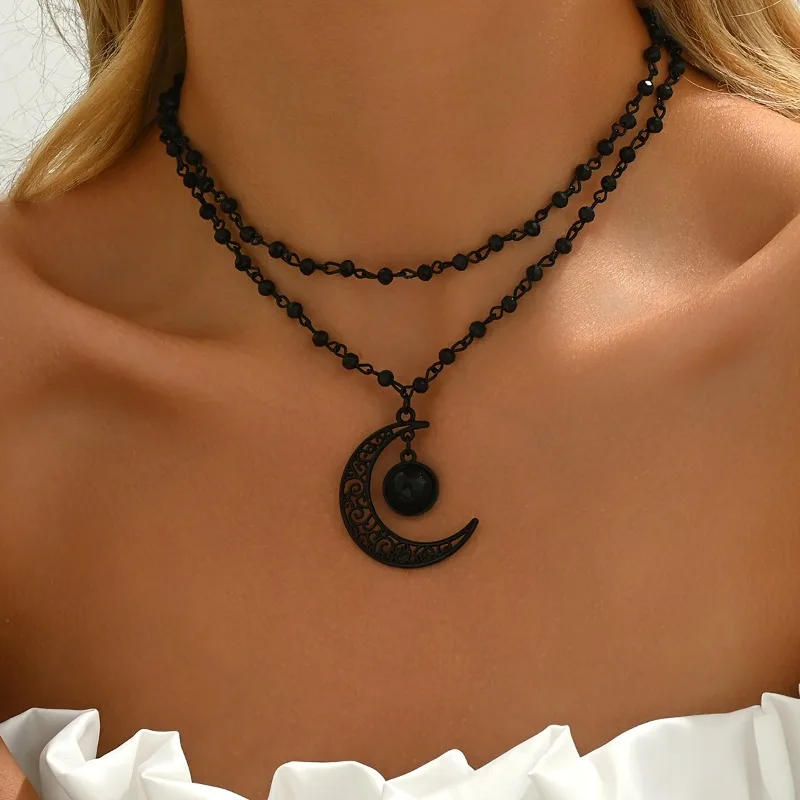 Gothic Retro Hollowed Out Moon Pendant Double Layered Necklace for Women, Witch, Dark Party Gift, Outfit, Accessory
