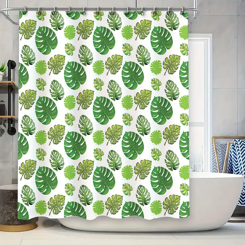 

Green Leaf Pattern Shower Curtain Fabric Waterproof Bathroom Decor Customizable Size Options