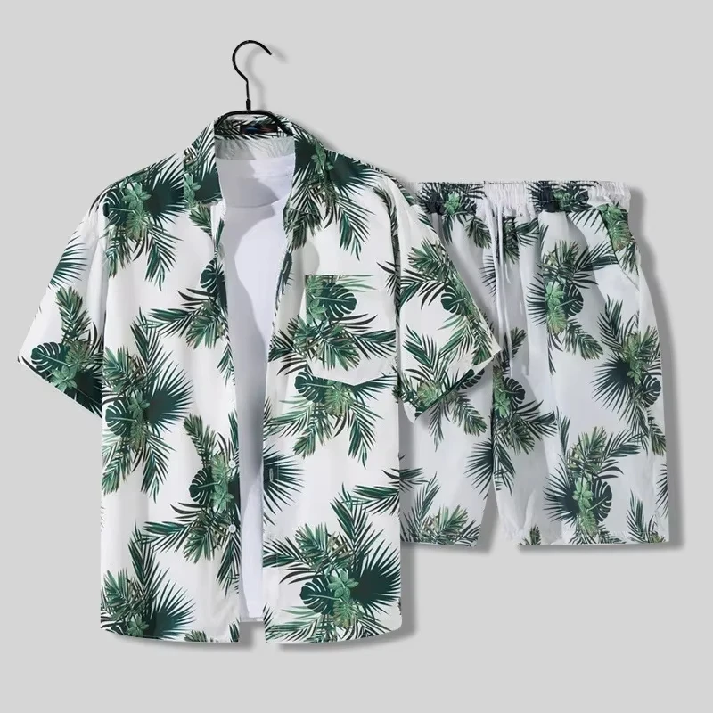 Men's Hawaiian Shirt Sets 3d Plants Print Fashion Short Sleeve Shirts+Shorts 2PCS Shirts Set Beach Suit Sports Vocation Outfits