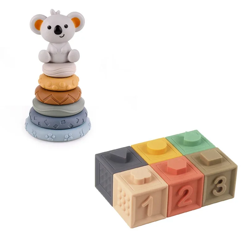 Block Spielzeug Weiche Silikon Weiche Würfel Stapeln Turm Bad Beißring Rasseln Bausteine Montessori Pädagogisches Spielzeug Neugeborenen Geschenk