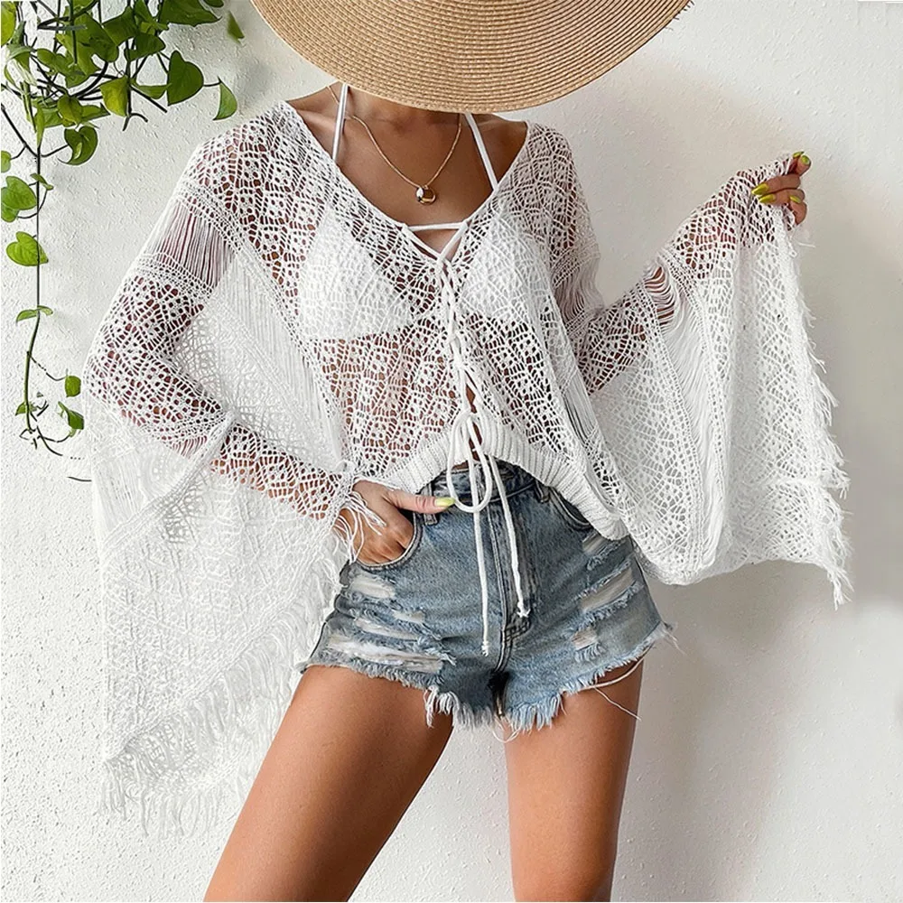 Women Hollow Out Crochet Beach Cover Up Long Bell Sleeve Lace Up Bikini Cover Up Tassel Sun Protection Blouse