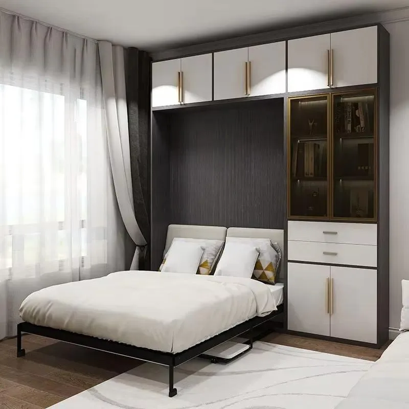 Space-saving solution Plywood material Double flip wall bed with shelves and cabinets