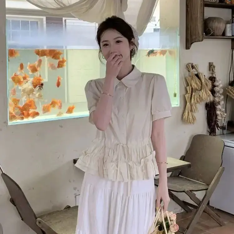Sweet Doll Neck Black Earrings Shirt Women Summer New Casual Versatile Niche Design Puff Sleeve Waistband Lace-Up Short Shirt