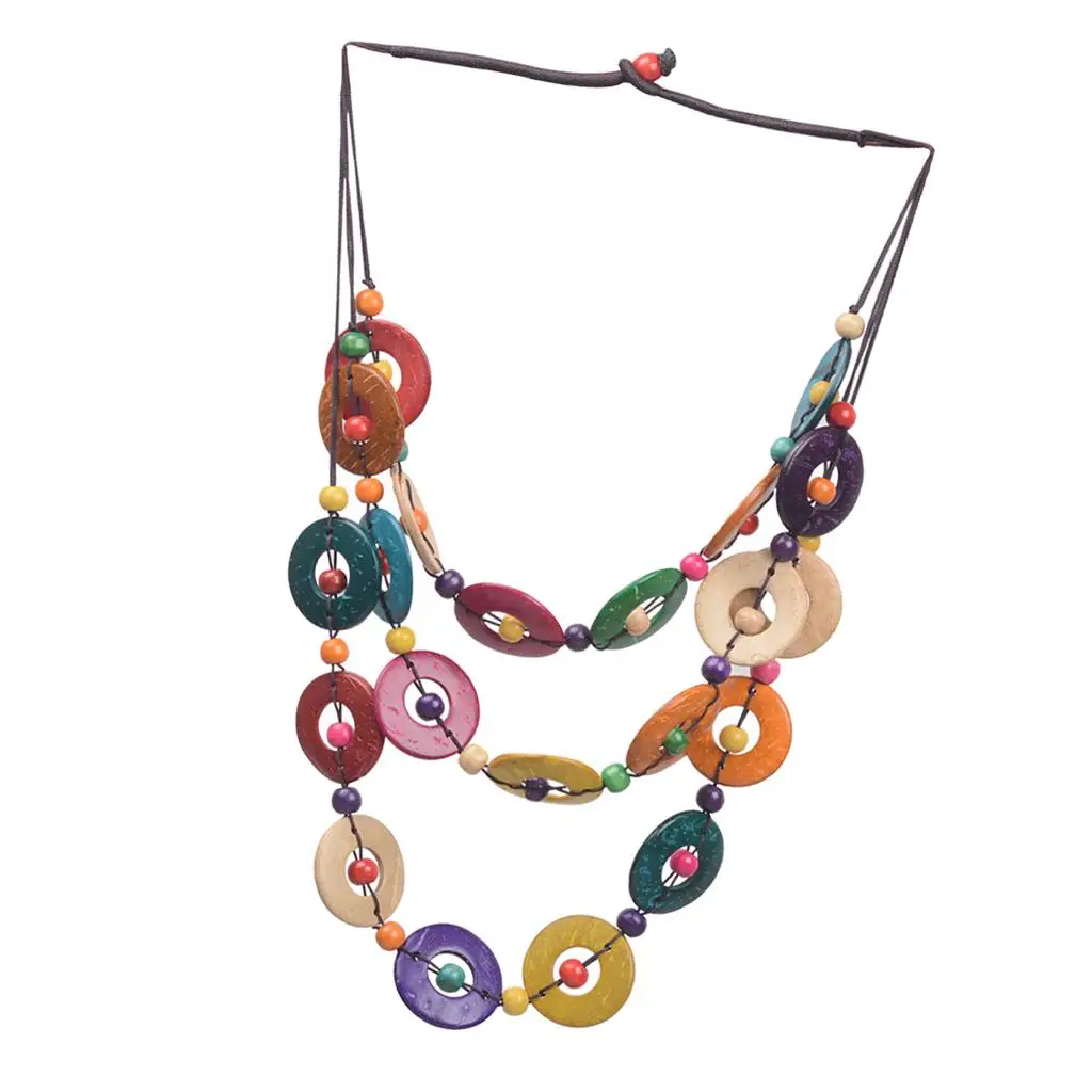 Puka Shell and Coconut Wood Bead Necklace Multi Element Sweater Chain Choker Bohemian Jewelry for Ladies