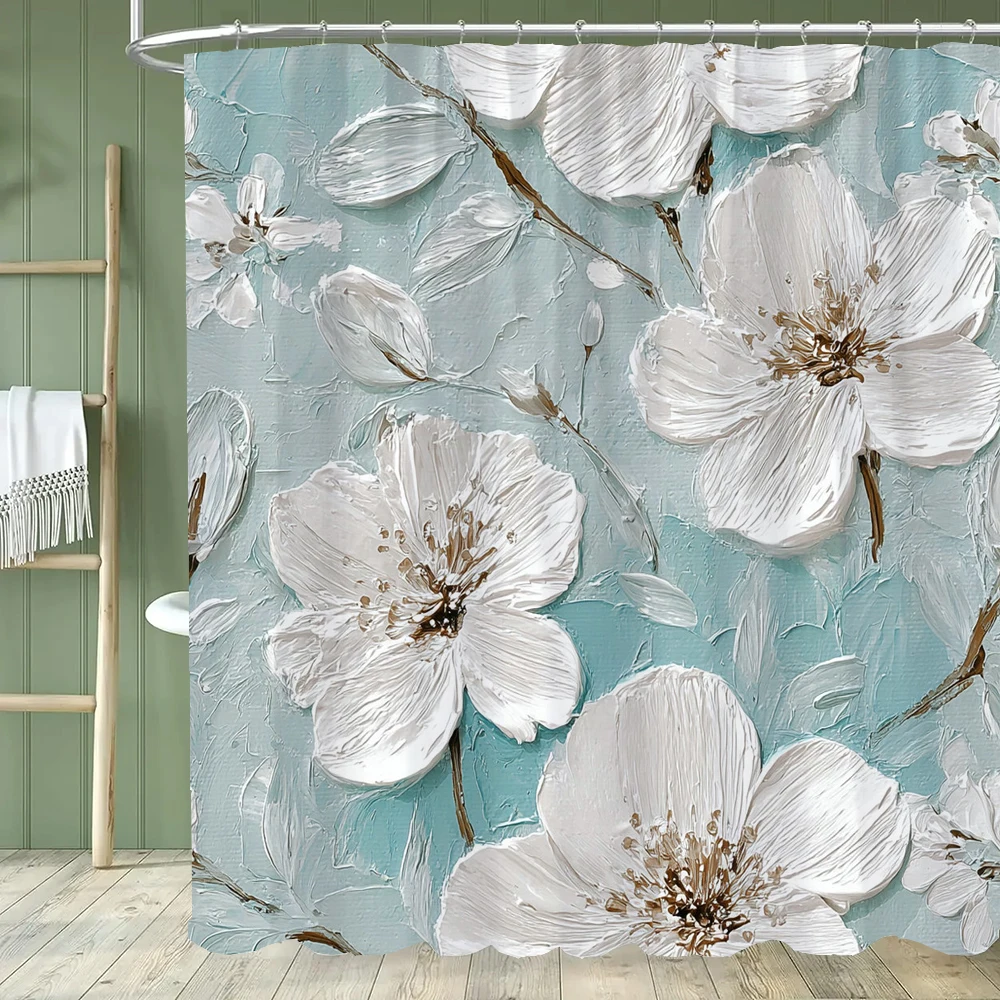 

1pc Beautiful White Floral Shower Curtain,Polyester Fabric Washable Flowers Bathroom Curtains,Home Decoration Curtain With Hooks
