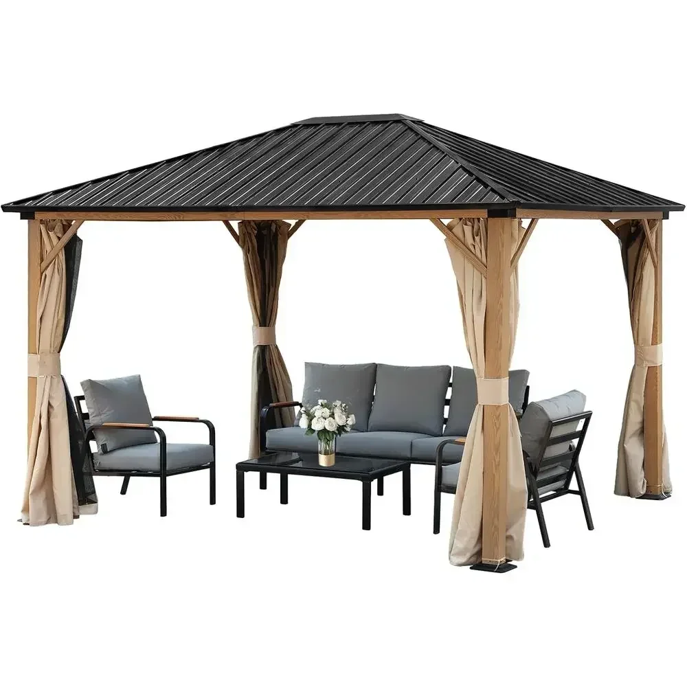 10 x 12 t. Outdoor Hardtop Gazebo, Wooden inish Coated e Gazebo with Curtains and Mosquito Nettings or Patio, Garden, Backyard
