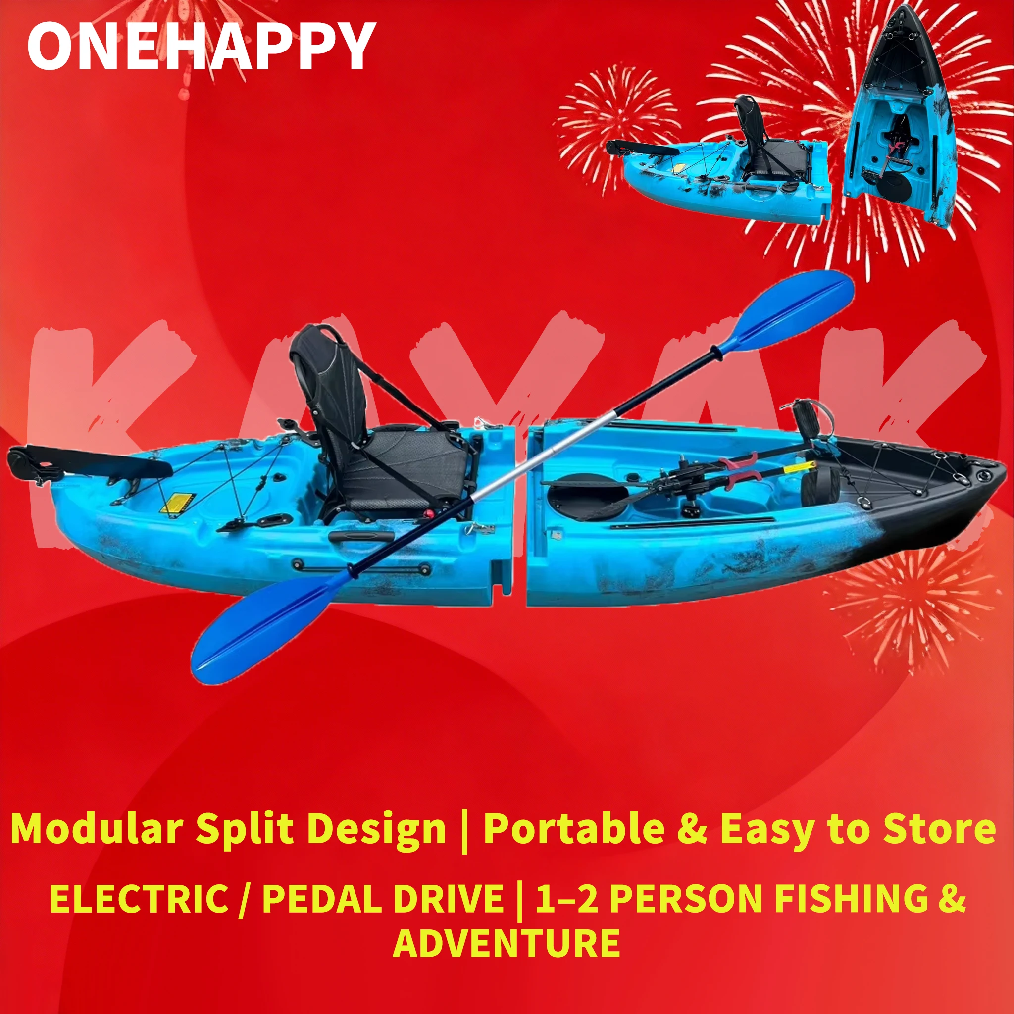 Kayak portátil de carcasa dura dividida, canoa eléctrica y accionada por pedal, 1-2 personas/aventura de pesca marítima, diseño y almacenamiento modulares