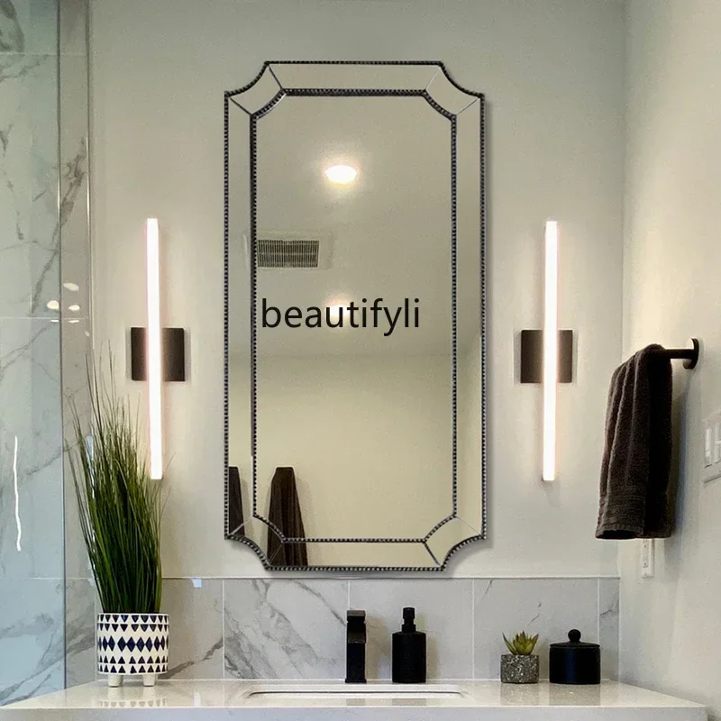 2003French-style Bathroom Mirror Vintage Washroom Makeup Mirror Washstand Wall-mounted Vanity Mirror