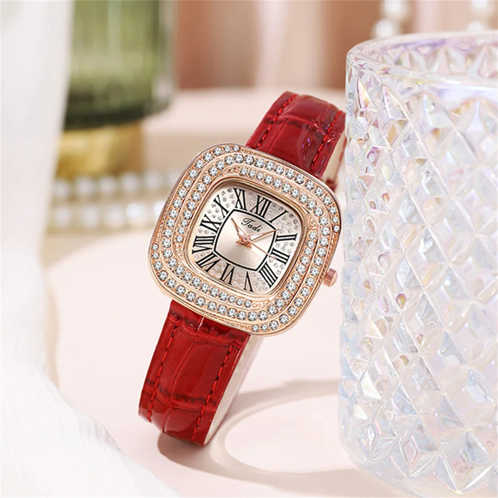 Luxury Roman Square Diamonds Ladies Quartz Watch Casual 2024 Green Leather Women's Business Clock Gift Wristwatch