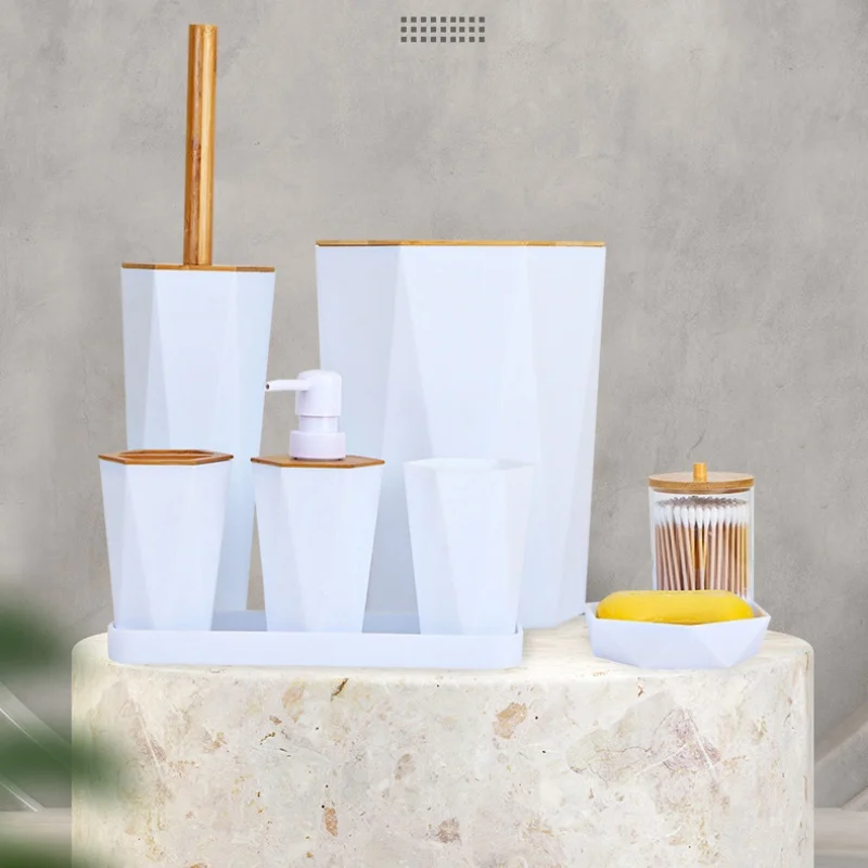 Ensemble d'accessoires de salle de bain hexagonaux en plastique bambou bois, usage domestique et hôtelier, 8 pièces, T227-8