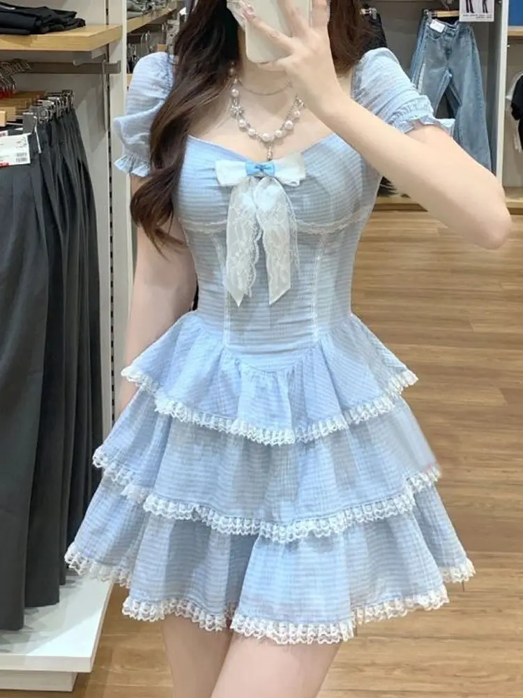 2024 Summer Sweet Kawaii Blue Plaid Dress Woman Lolita Lace Y2k Mini Dress Short Party Elegant One Piece Dress Korean Fashion