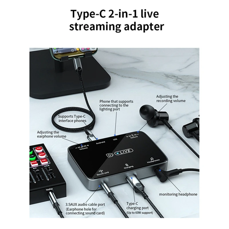 Top-2 In 1 Live Broadcast Sound Card Adapter Suitable For Lighting/Typec Universal Stereo Karaoke And Microphone Artifact