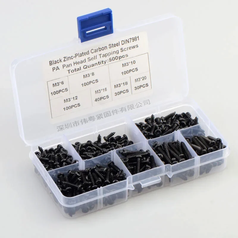 Black Pan Head Tapping Screws Set M3*6/8/10/12/16/18/20 Carbon Steel Laptop Computer Screw Phillips Screw Kit 500 Pcs/Set