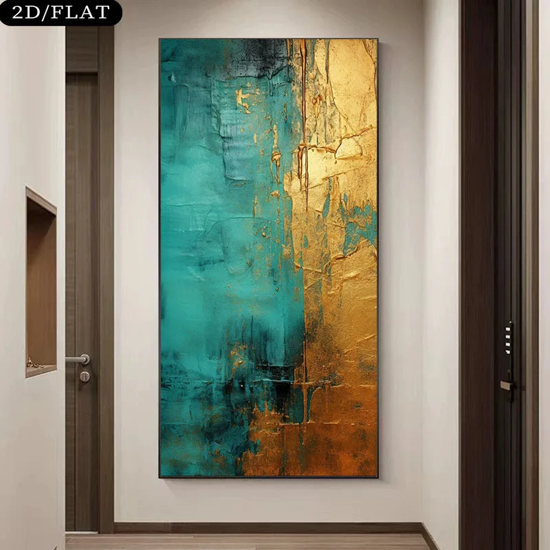 

2D/Flat Large Modern Teal & Golden Abstract Canvas Wall Art Frameless Vertical Lines Canvas Prints for Elegant Living Room Decor