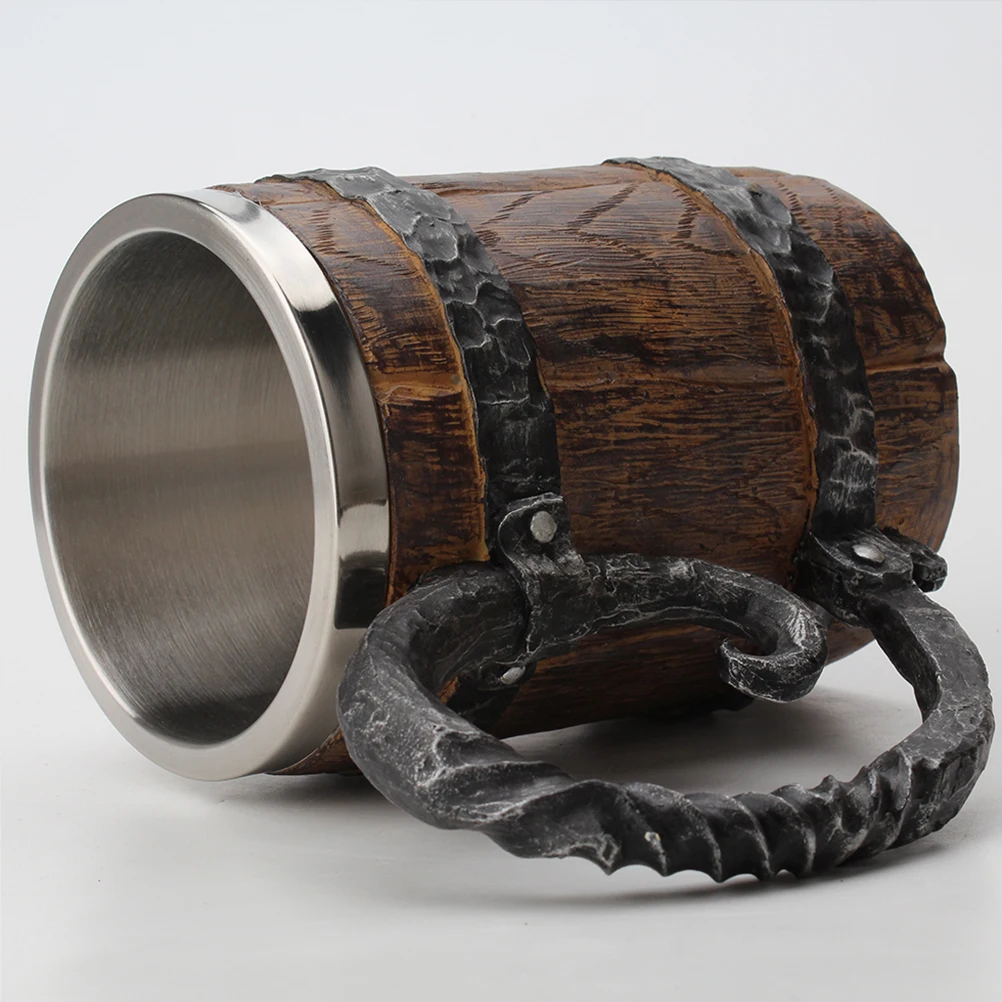 Creative 3D Original Wood Design Cold Cast Resin Vintage Barrel Shaped Beer Mug Stainless Steel Insert Decorative Coffee