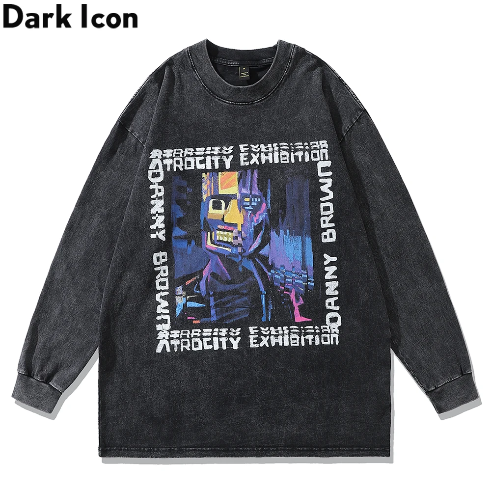 

Dark Icon Printed Oversized Men's T-shirt Long Sleeve Washed Cotton Tshirts Man