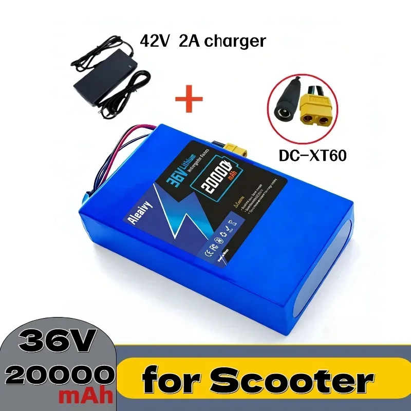 10S6P 36V 20000mAh High Capacity Lithium Battery Pack with BMS and Charger Long Range Replacement for Scooter Spare Power Supply