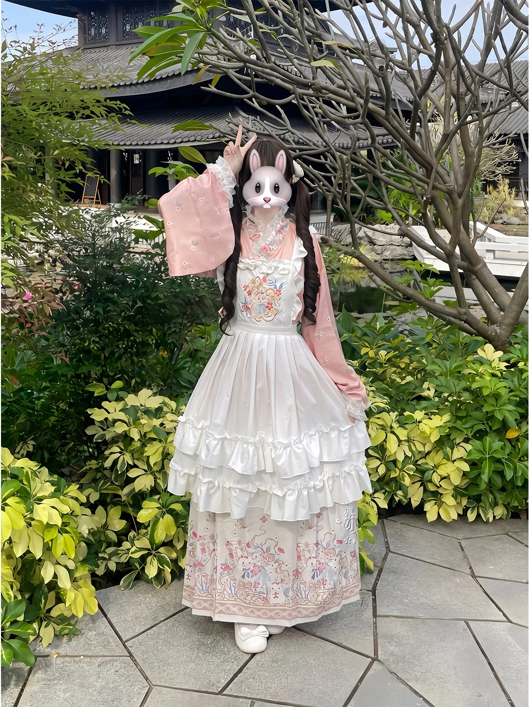 Pink Lolita Hanfu Set with  Collar And Pipa Sleeves Elegant Cute Outer Skirt Ensemble Traditional Ming Style Women's...