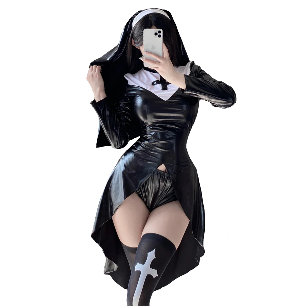 

Vampire Nun Costume Halloween Costume Black PU Leather Cross Dark Goth Style Cos Cosplay Nun's Outfits Sexy Lolita Maid Clothing