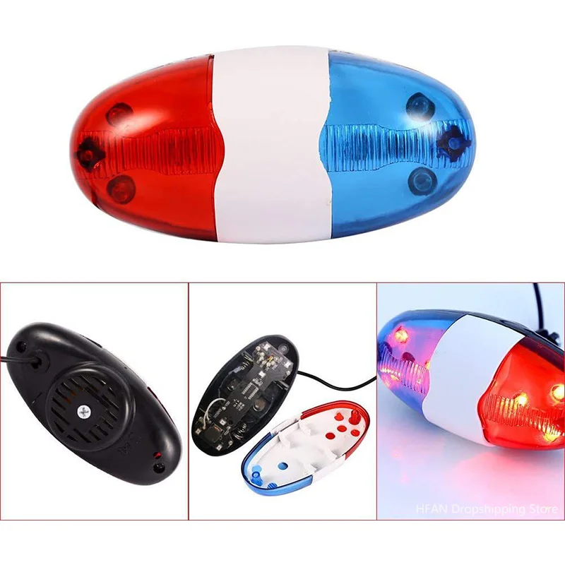 Bicycle Police Siren 4 Sounds Melody Bicycle Power Horn Siren Bell 6-LED Strobe Blue and Red Bicycle Safety Light for Kids Bike