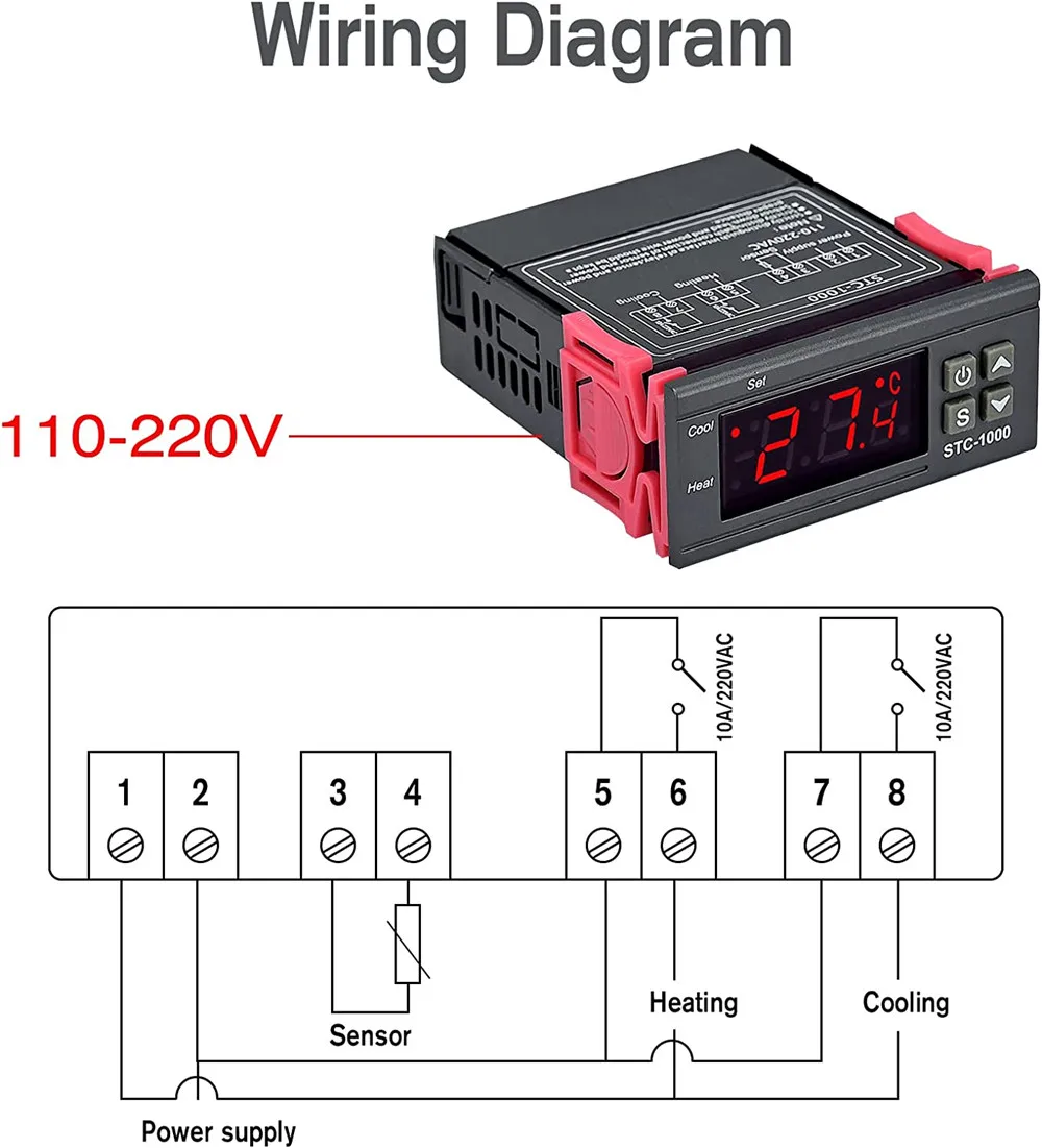 STC-1000 DC 24V Digital LED Temperature Controller Cooling Heating Thermostat 2 Relay Output with NTC Thermistor Sensors Probe