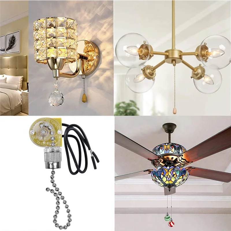 ZE-109 Interruptor De Luz Do Ventilador De Teto, Interruptor De Luz De Dois Fios, Puxar Cabos Para Ventiladores De Luz De Teto, Lâmpadas De Prata, 2Pcs