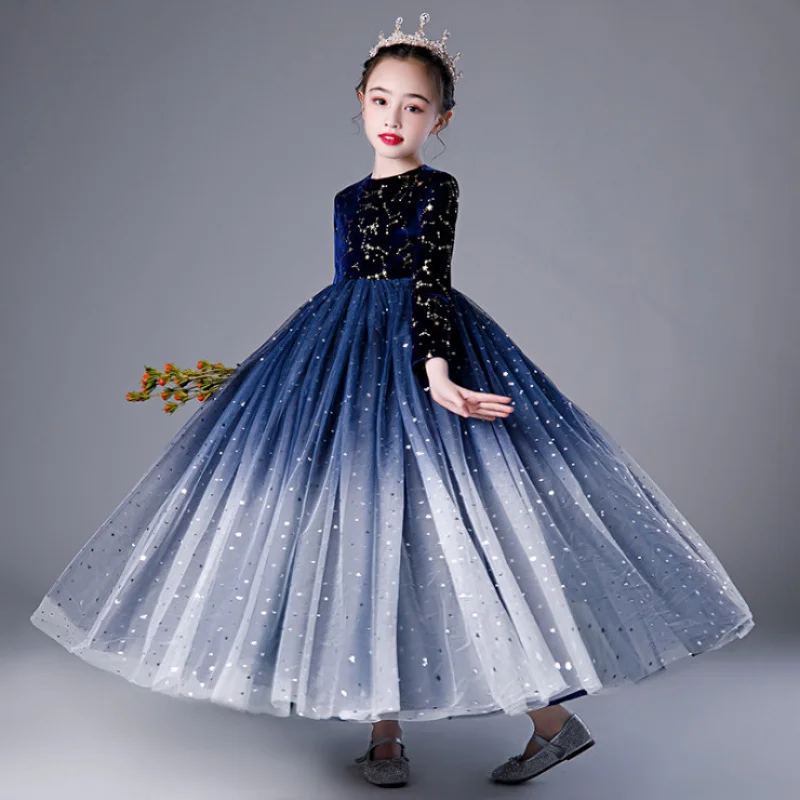 Children's Dress Starry Princess Dress2025Spring NEW Long Sleeve Flower Girl Tulle Tutu Host Catwalk Performance Costumes