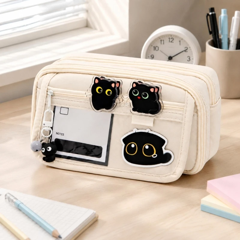 Multi-Compartment Pencil Case with Nine-Section Storage, Multiple Zippered Compartments and Clear Front Pocket for School F19E