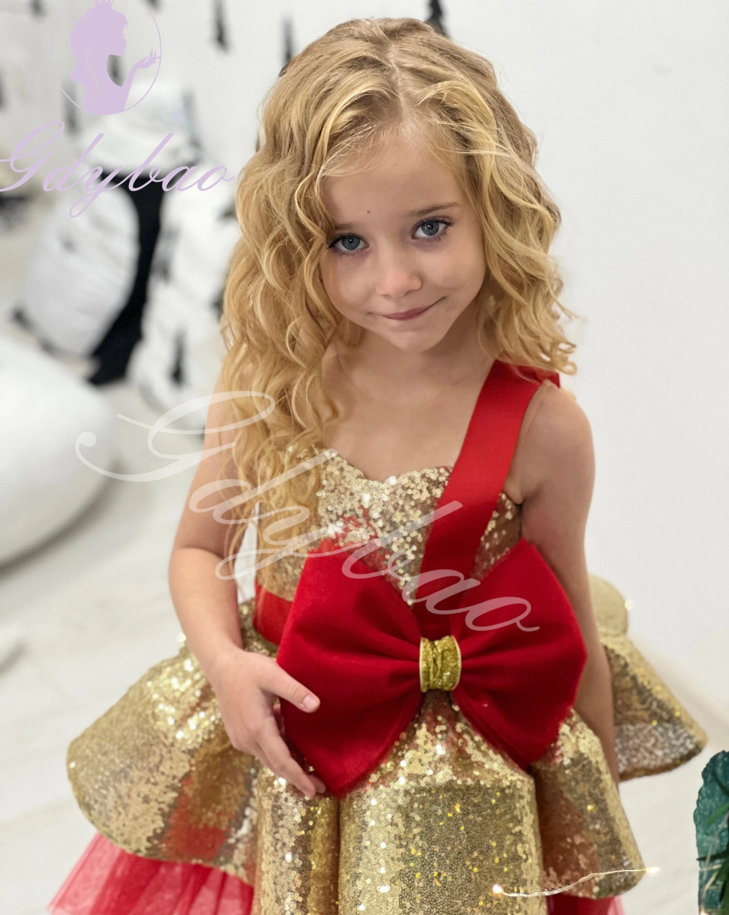 Vestido de niña de flores dorado brillante para boda, tul hinchado hasta la rodilla con lazo, fiesta de cumpleaños para niños, vestidos para sesión de fotos de Navidad