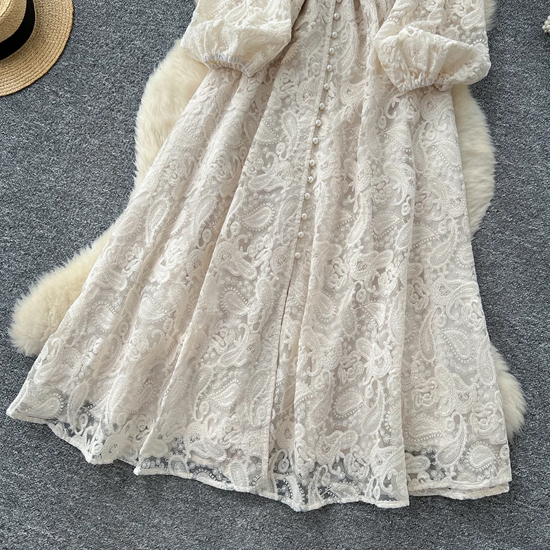 Spring Autumn High End Elegant Birthday Party Women's Dress New French Hook Flower Single Breasted Slim Lace Long Dress S89