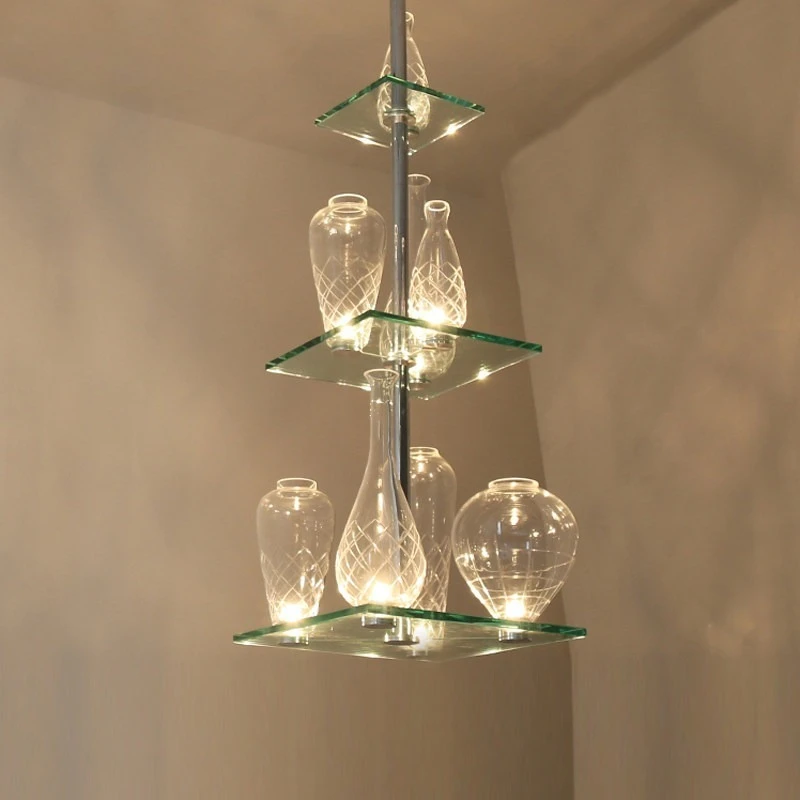 Modern Tiered Glass Vase Chandelier Clear Cut Crystal Pendant Light Multi Level Square Glass Shelves Hanging Lamp for Foyer Dini