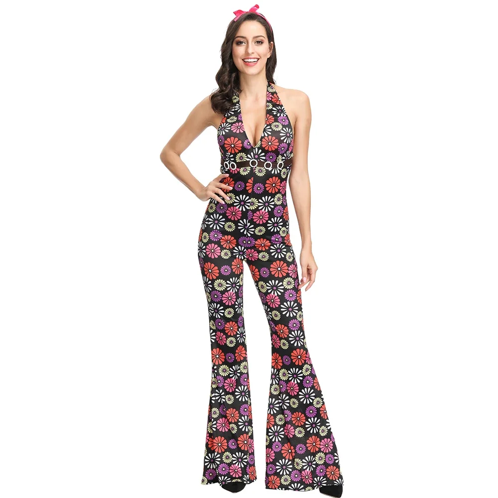 

Women Sleeveless V- Neck Jumpsuits Fashion Flower Print Wide Leg Pants Long Trousers