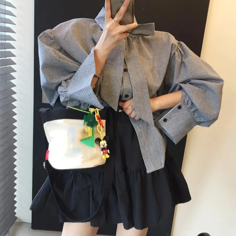 Spring and Autumn Versatile Collar Strap Bow Grid Shirt High Waist Slim Look Puffy Half Body Skirt Short Skirt Women's Trendy