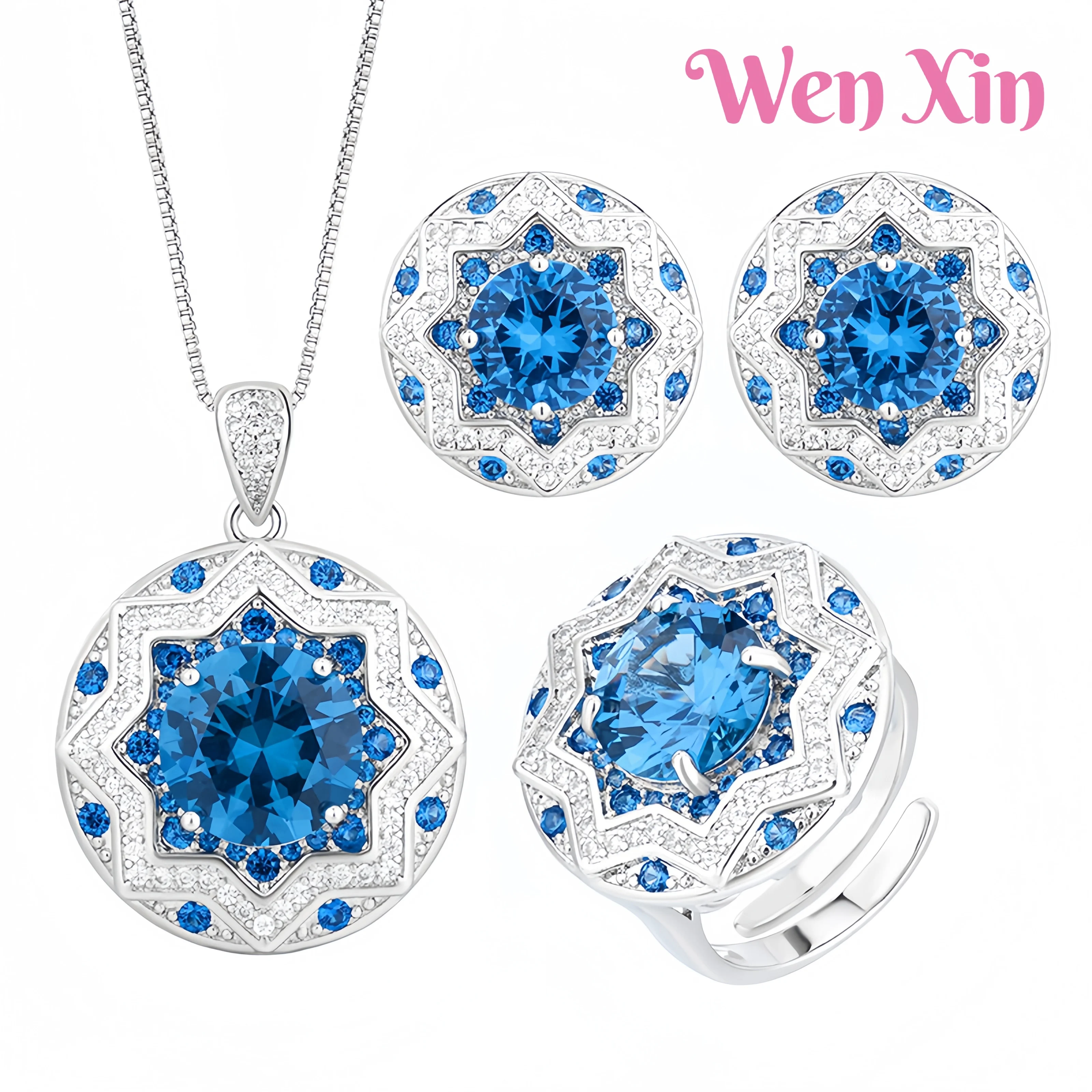 

WENXIN Brand MUSHAN MCT Copper Base Simulation Blue Pointed Crystal Circular Ring Pendant Necklaces Earring Set Fashion Jewelry
