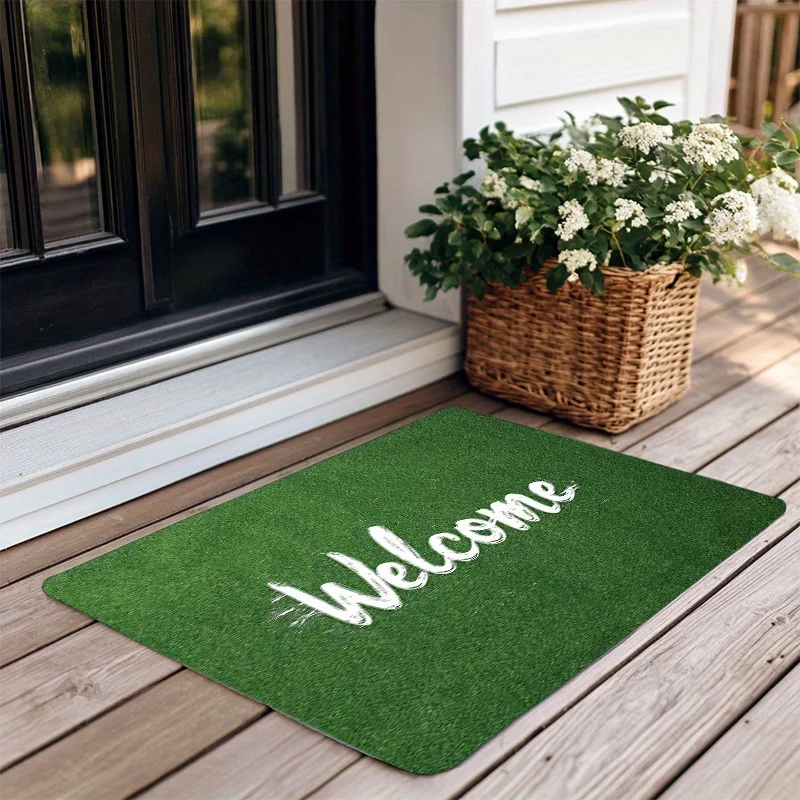 Green Artificial Grass Welcome Door Mat, Outdoor Garden Entrance Floor Rug, Non-slip Turf Entryway Carpet, Home Decor