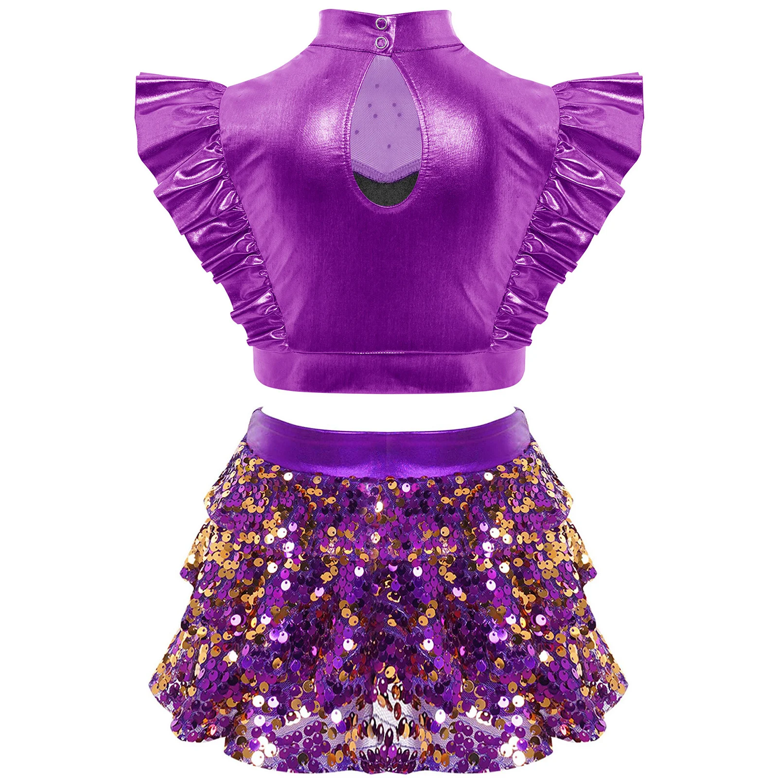 Girls Rhinestones Jazz Dance Outfit Sleeveless Mesh Metallic Crop Top with Sequin Tiered Skirt Culottes Hip-hop Cheerleading Set