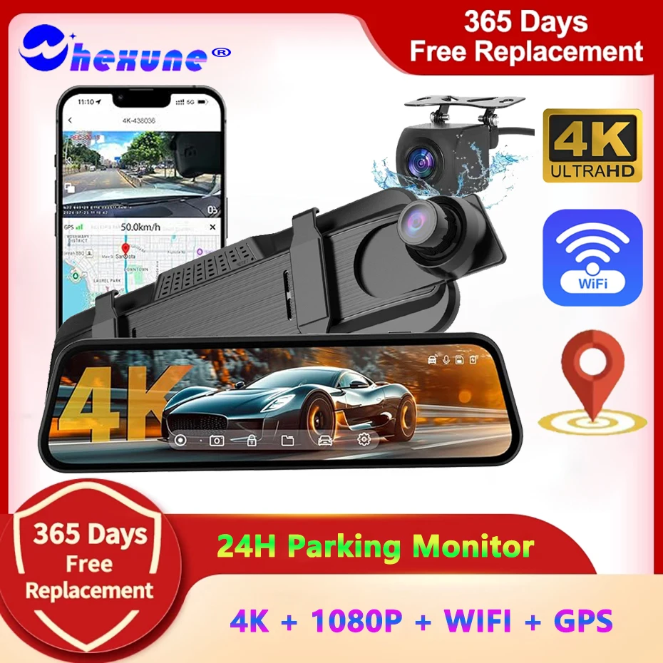 

4K WiFi Dash Cam for Car DVR Camera Dual Lens Rear View Mirror Video Recorder With GPS WDR Night Vision 24H Parking Monitoring