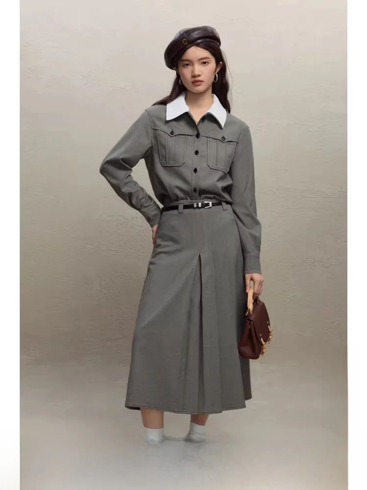 

Self-Ele Plaid irt f-length Skirt Set Women's Autumn Winter Commute Sle Polyester Fiber Long Sve Loose Fit