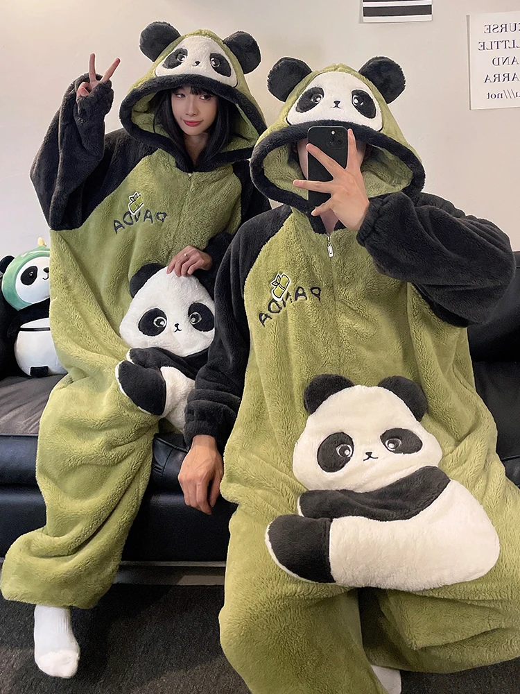 DAIMELU cartoon lady panda hooded pajamas men's winter coral fleece thickened warm male loungewear one-piece suit sleepwear set