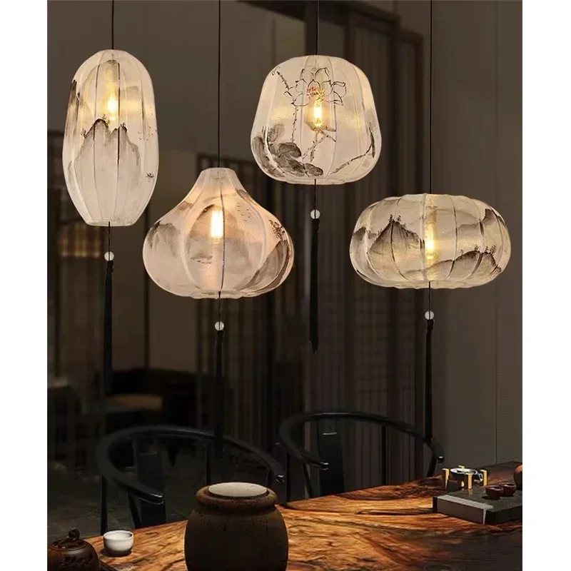 LED Chandelier Zen E27 Weaving NChinese Tea House Light Hotel Living Room  Lantern Home Decor Suspension Iron and Lint