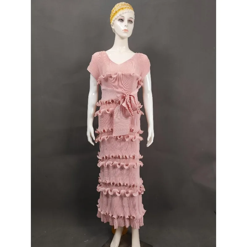 Miyake plissado moda cor sólida com decote em v vestido feminino bolo em camadas plissado plus size apertado festa elegante vestido