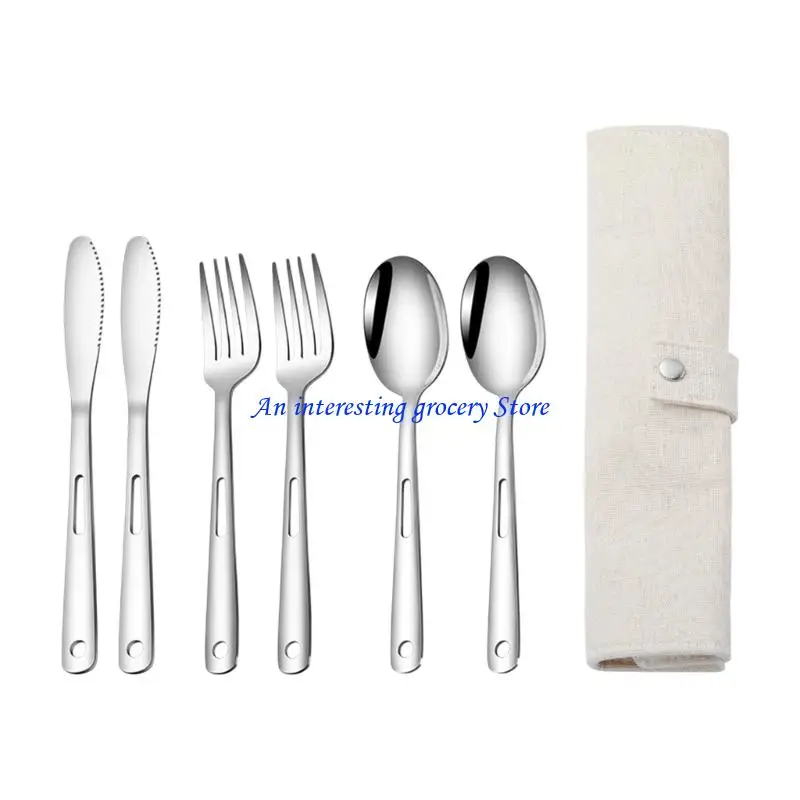 652D 7 Pack Portable Stainless Steel Eating Utensils Easy Carrying Rollable Bag Outdoor Cutlery Set for Travel Backpacking