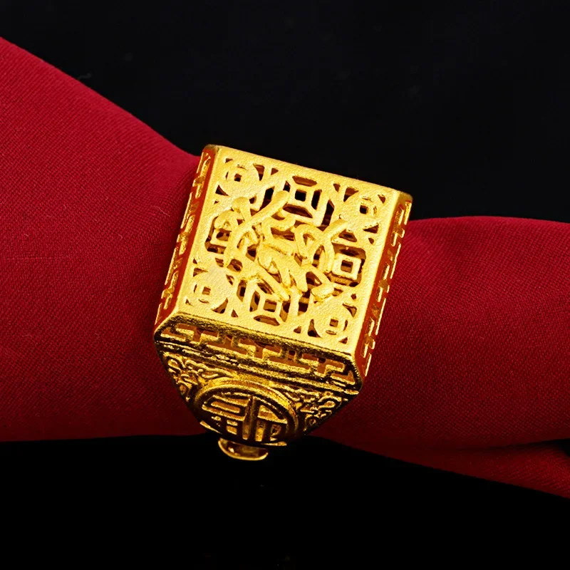 Yellow 18 k Gold color hollow double layer ring for men Women Classic chinese finger ring birthday Gifts Jewelry Never Fade
