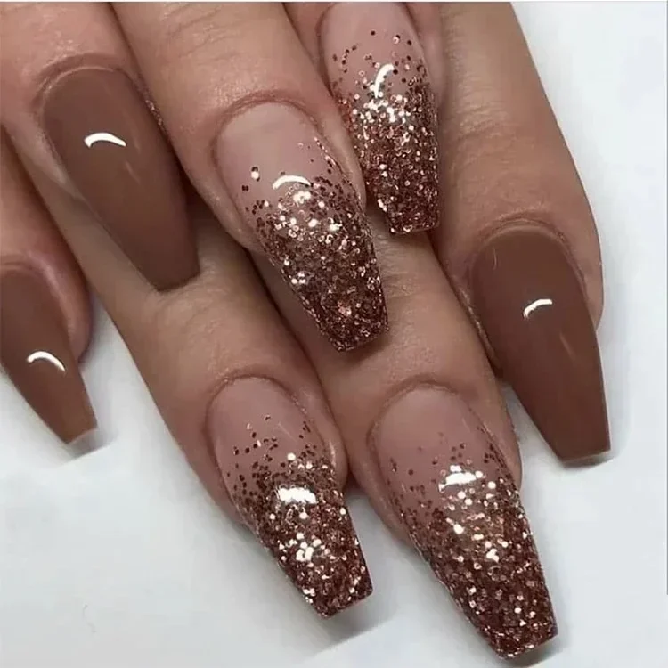 24Pcs Long Coffin Press on Nail Autumn Winter False Nails Glitter Diamond Stick on Nails French Ombre Full Cover Ballet Nail Art