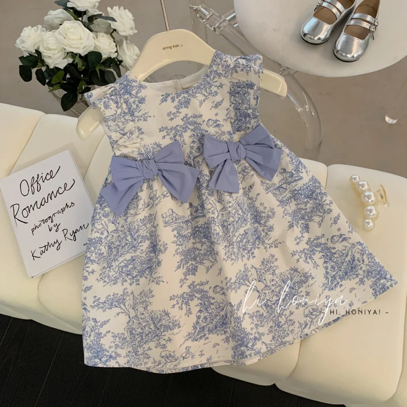 

Girls' French Style Dress Summer Sweet Bowknot Flutter Sleeve Fashionable Stylish Travel Photo Dress New