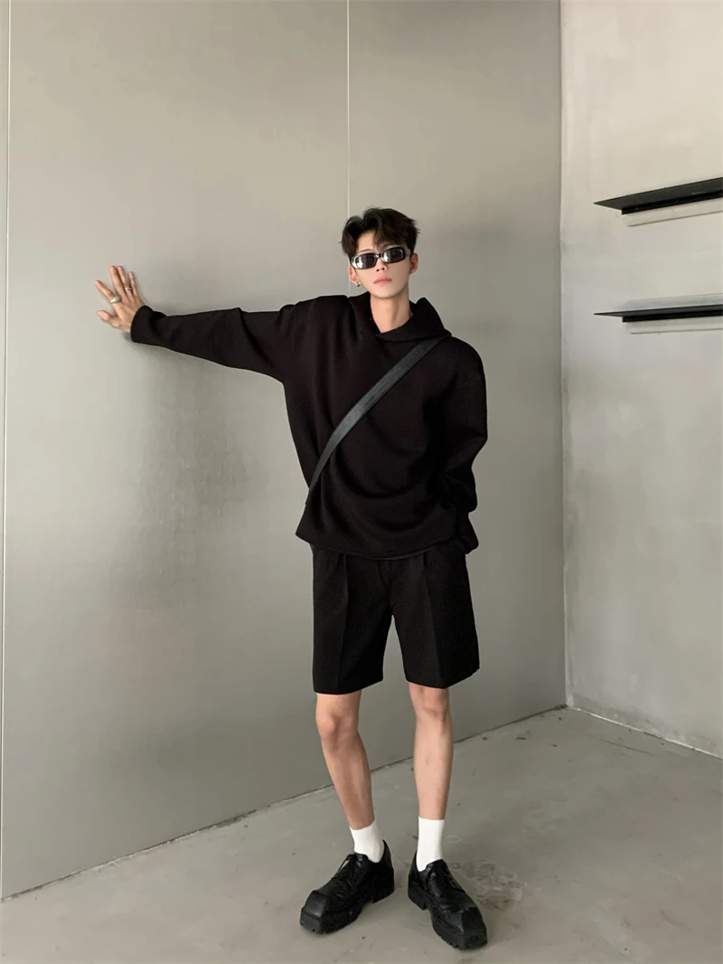 Men Solid Color Sets Casual Fashion 2 Piece Sets Space Cotton Stand Collar Button Loose Hoodies And Pants Korea Streetwear Style