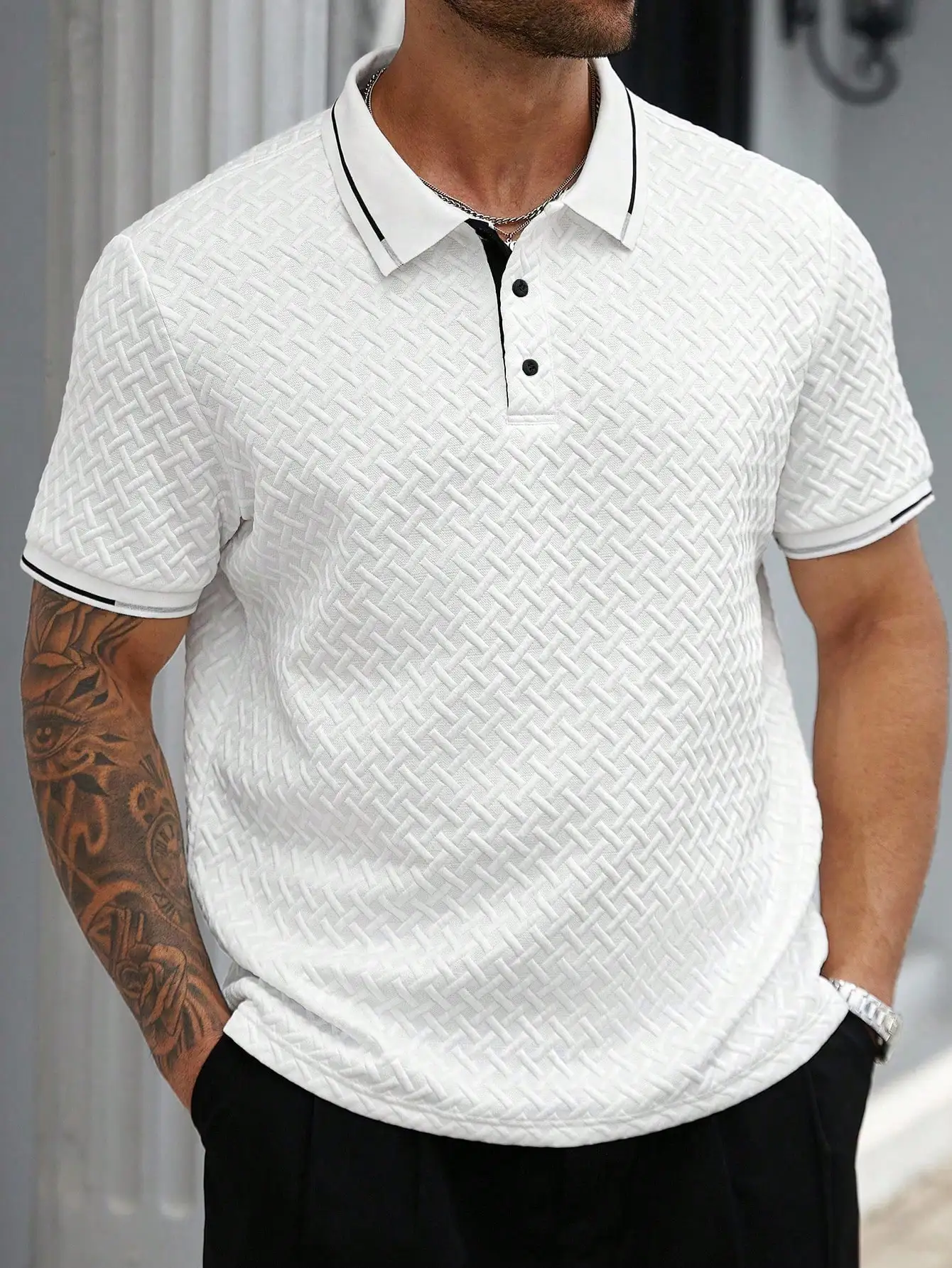 

Men's White Textured Woven Polo Shirt with Black Trim Collar and Cuffs