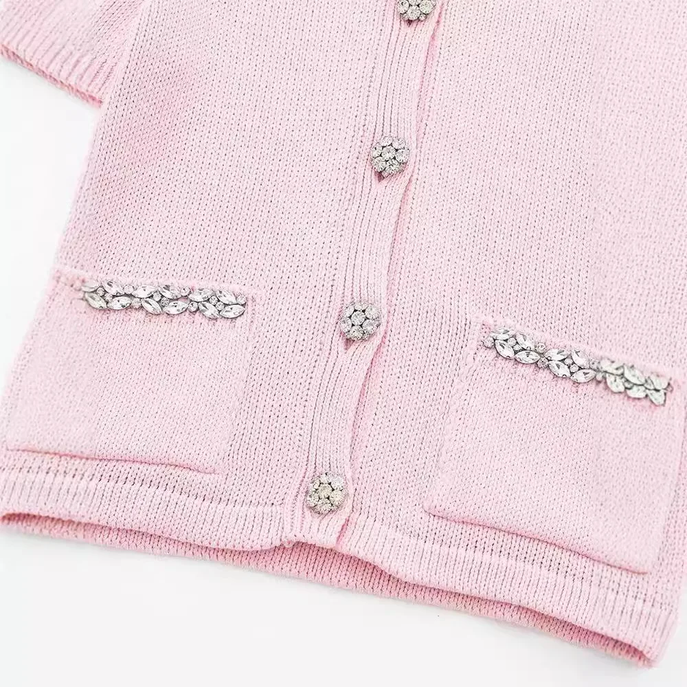 Women Spring Summer Casual Knitted Cardigan Single Breasted O-Neck Pockets Cardigan Half Sleeve Women Sweaters